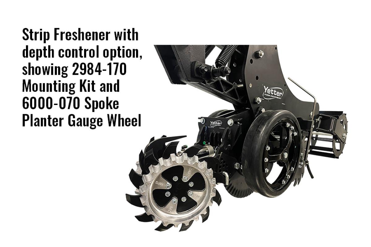 Cutout of Strip Freshener with depth control option, showing 2984-170 Mounting Kit and 6000-070 Spoke Planter Gauge Wheel