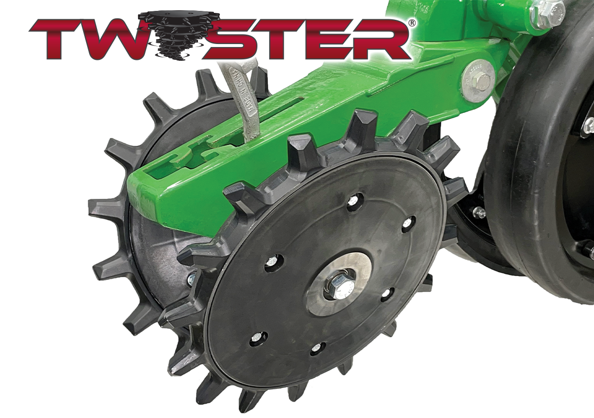 Studio shot of Twister Poly Closing Wheel with Twister logo