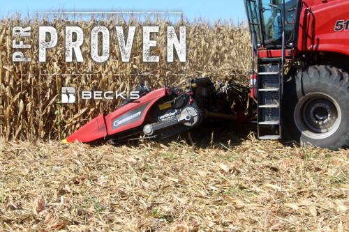 Beck's PFR Proven logo laid over photo of Devastator in field on red corn head