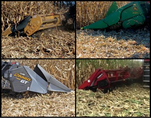 Four different combine heads with Yetter Devastator harvesting corn